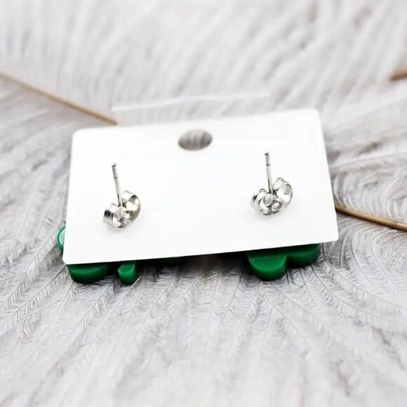 Shamrock Earrings-3 Leaf Clover Stud-St Patricks Day Earrings-Sparkly Green Stud - Picture 5 of 8